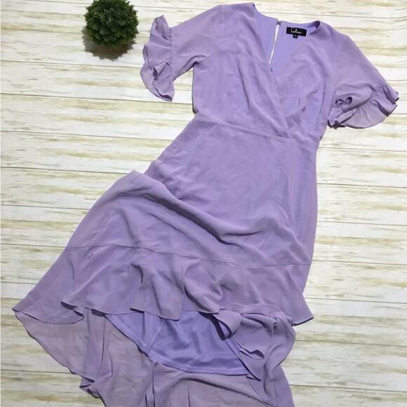 Lulus Long Modest Faux Wrap High Low Ruffle Midi Dress Small Purple Easter - Picture 1 of 2